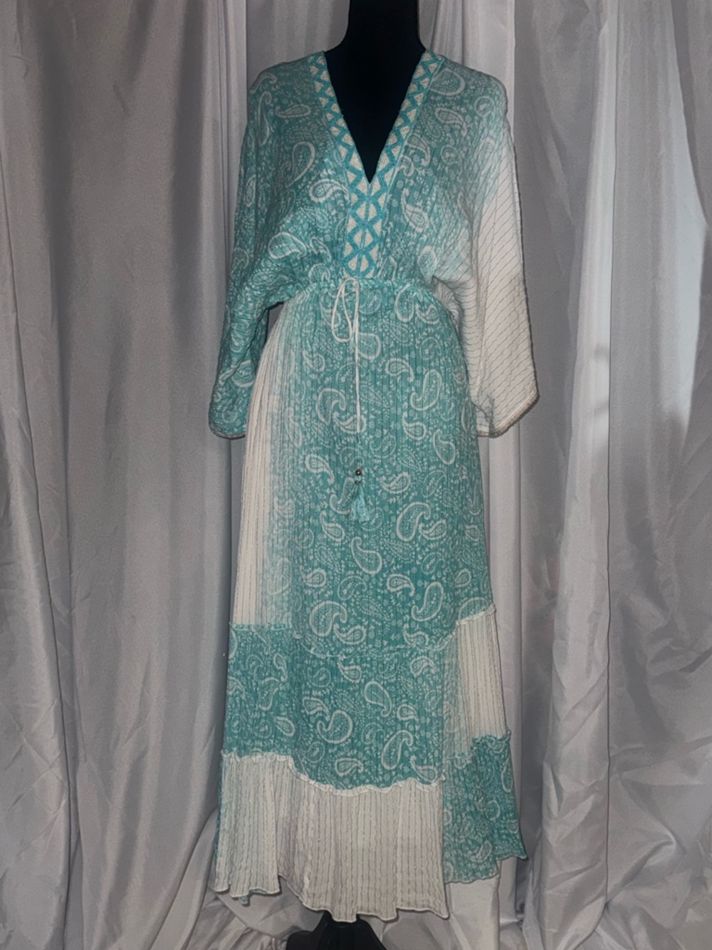 India Boutique Aqua and White Paisley V-Neck Tiered Maxi Dress